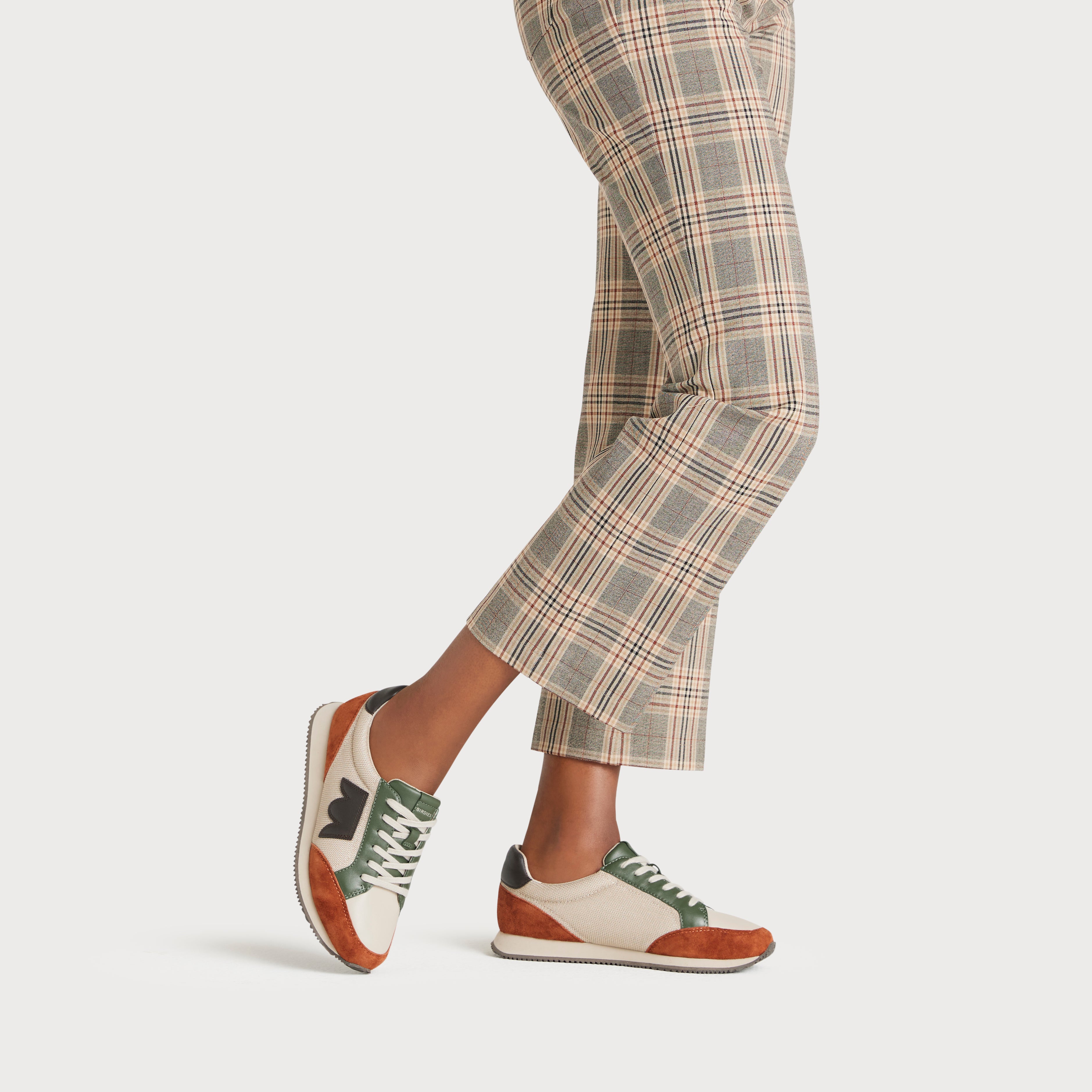 on figure side and top view of the Roadrunner Sneaker in Ivy Multi (Rust, Grey Dark Green & Light Grey) Mesh