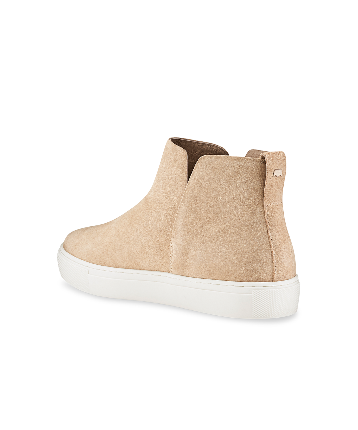 back 3/4ths view of the Falcon in Oat (light tan) Suede