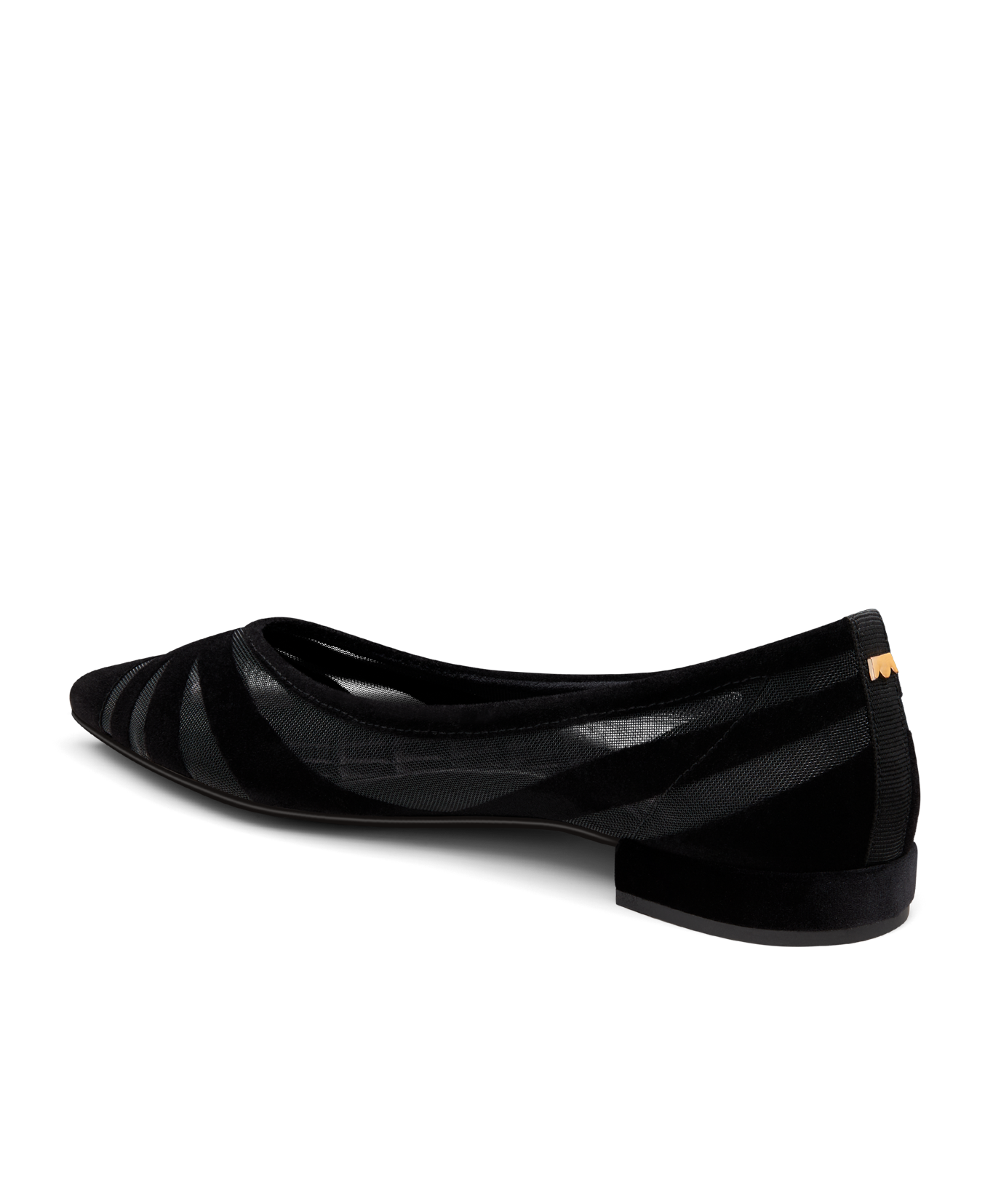 back 3/4ths view of the goldfinch 15 ballet flat in black velvet mesh