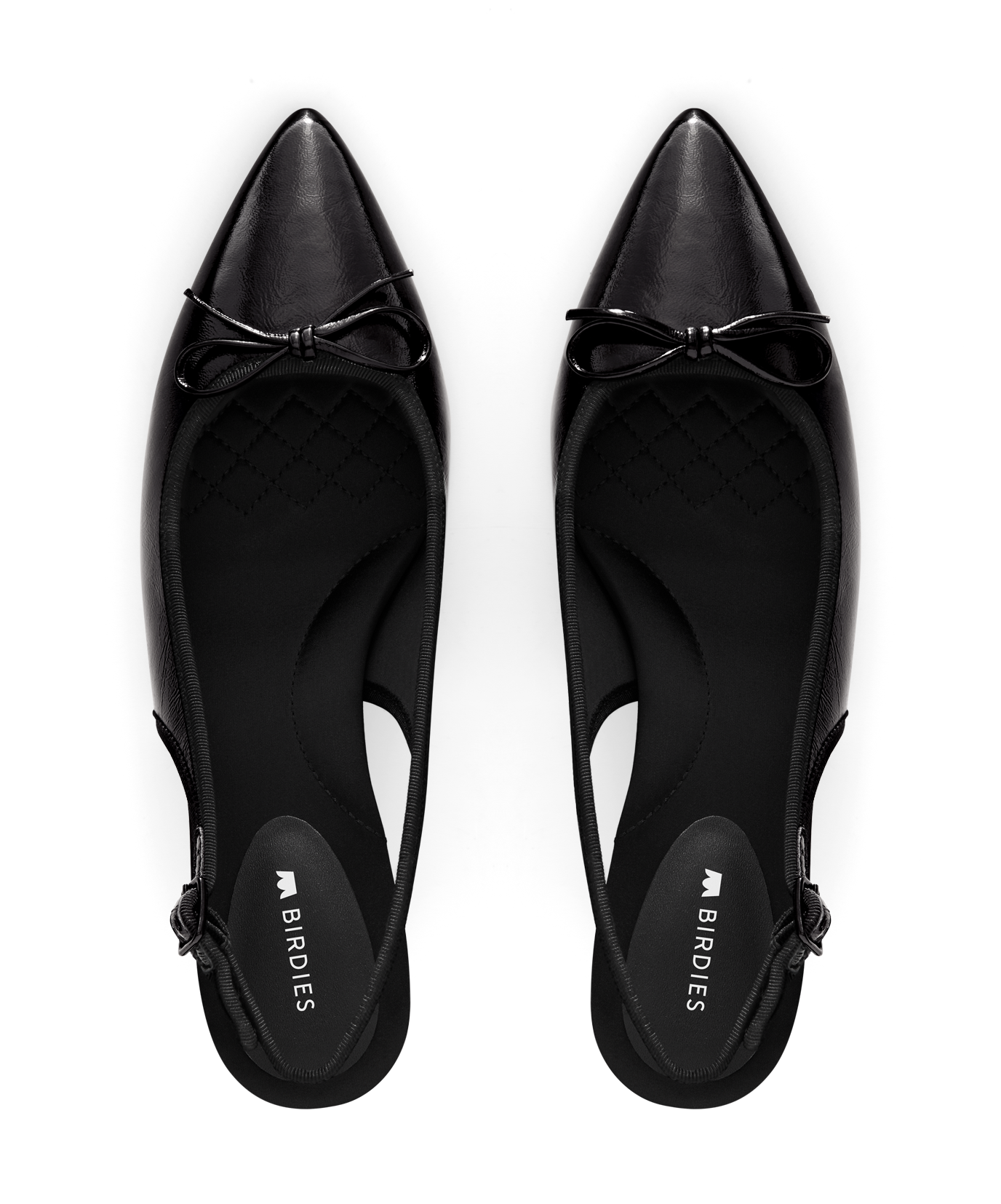 hover | Black patent leather slingback kitten heel with pointed toe and delicate bow detail, featuring a glossy finish. Top view.