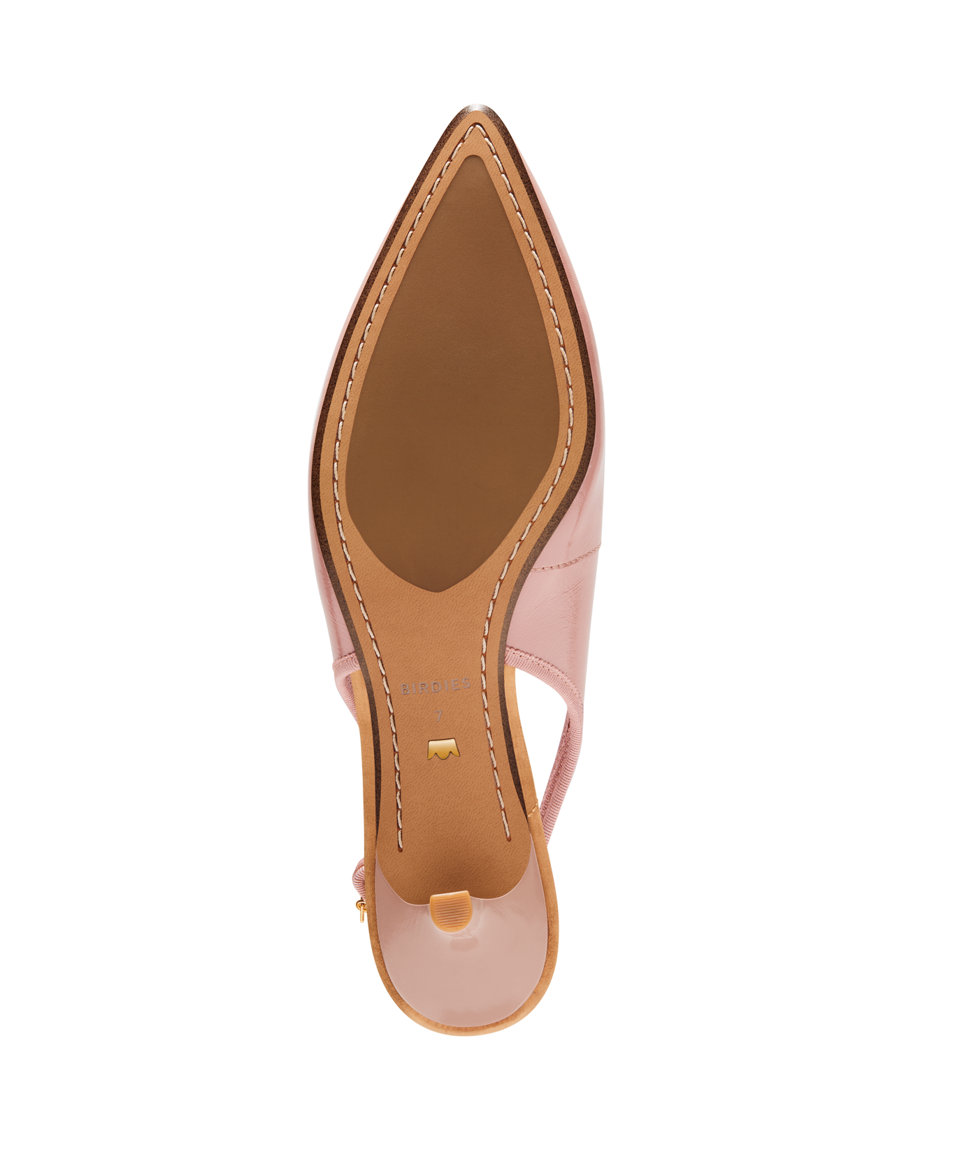Pink patent leather slingback kitten heel with pointed toe and delicate bow detail, featuring a glossy finish. Bottom view.