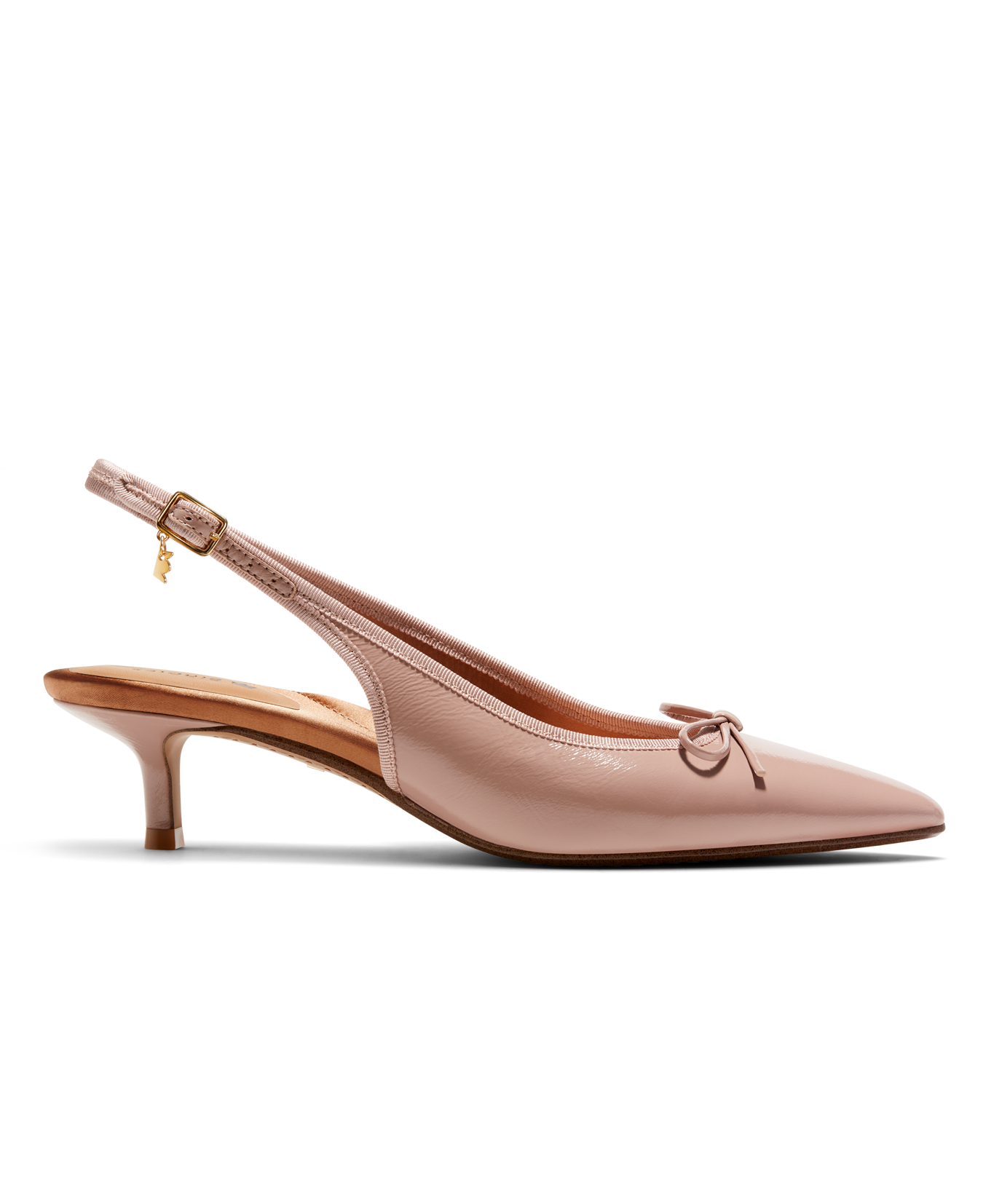 Pink patent leather slingback kitten heel with pointed toe and delicate bow detail, featuring a glossy finish. Side view