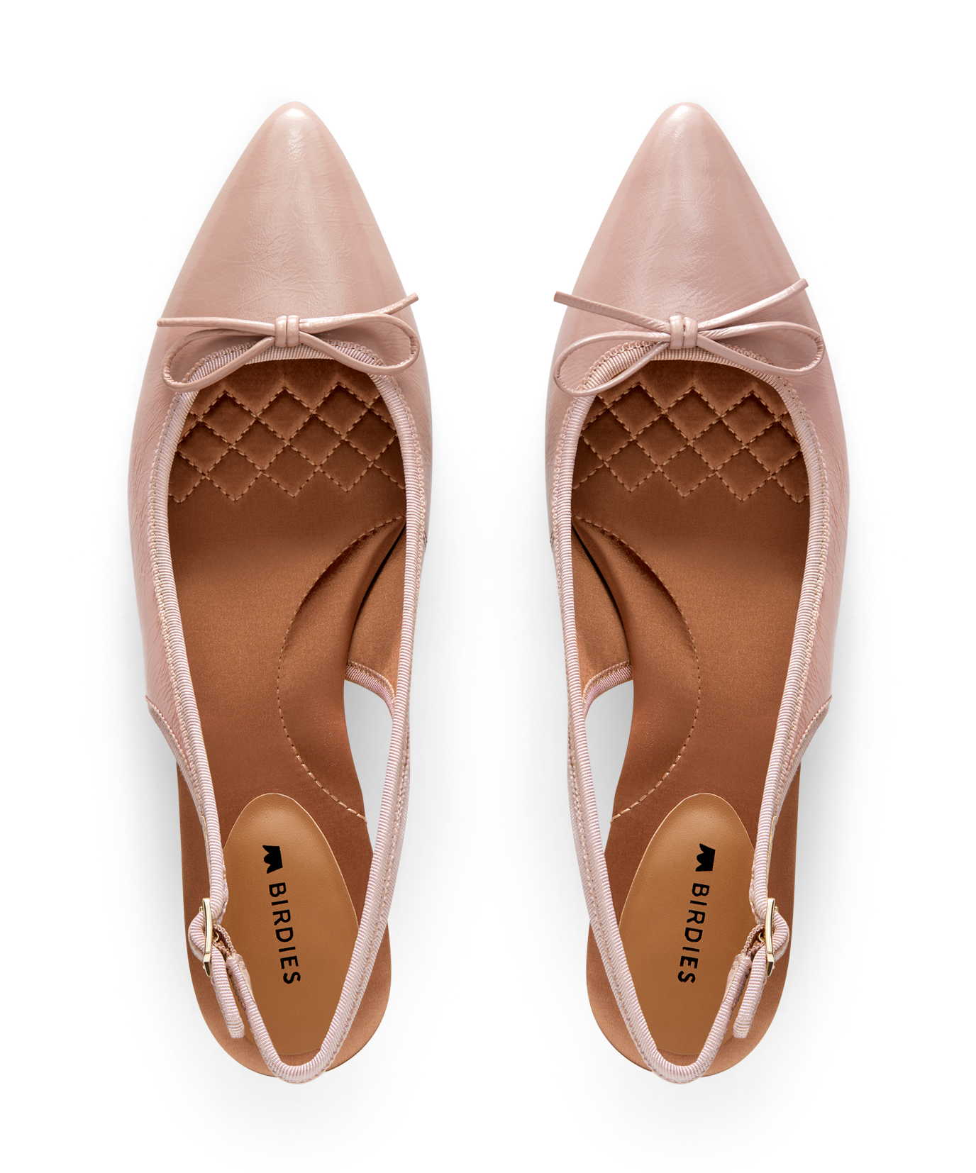 Pink patent leather slingback kitten heel with pointed toe and delicate bow detail, featuring a glossy finish. Top view.