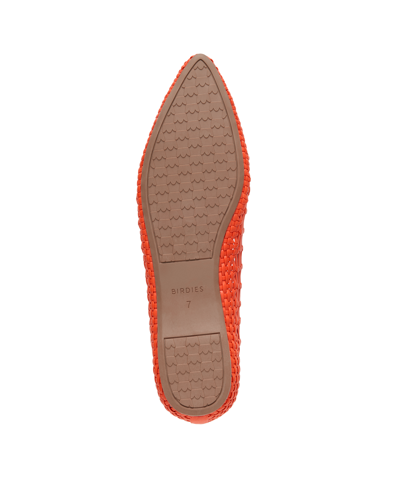 bottom view of the Goldfinch in Tiger Lily (orange) woven