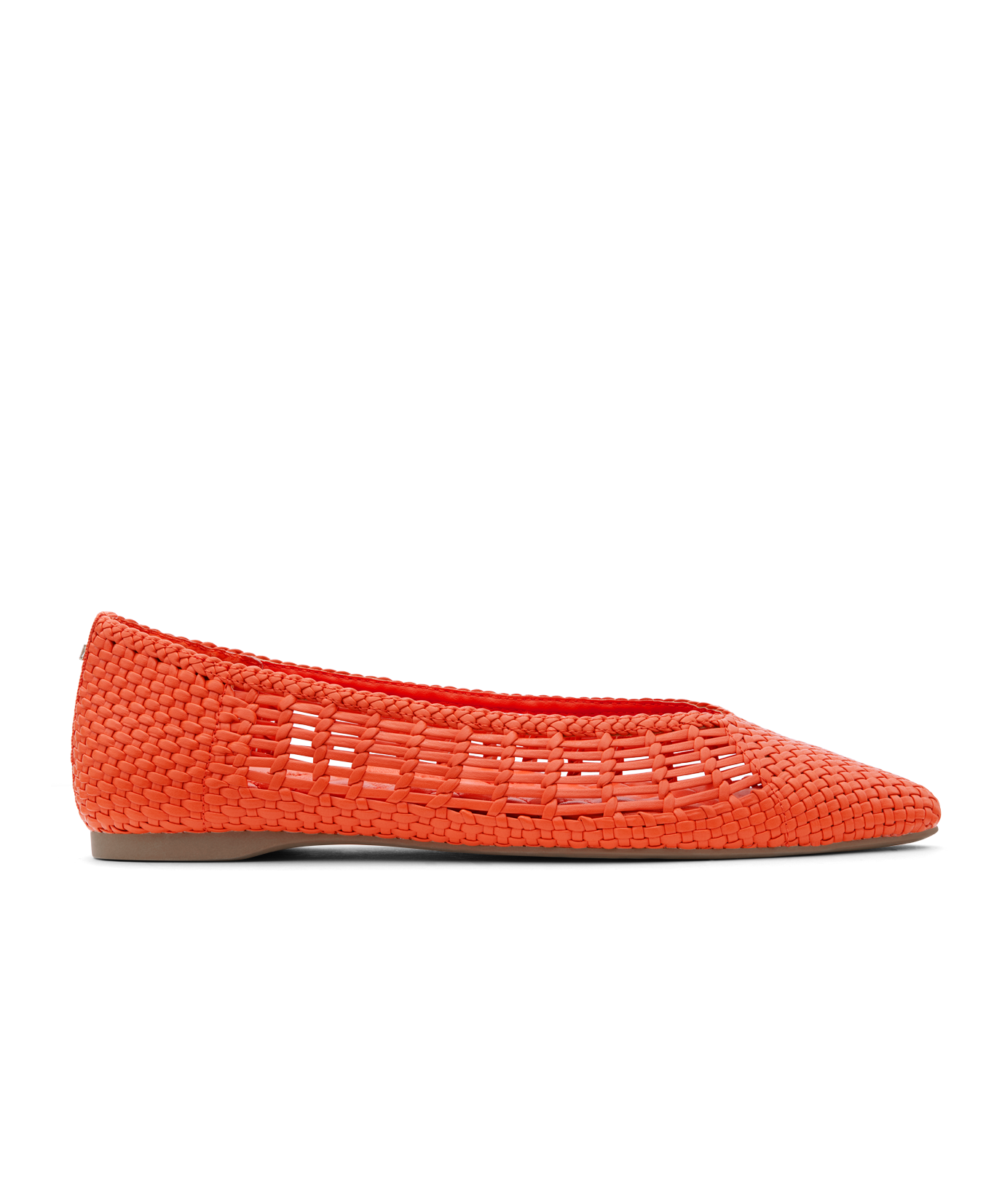 side view of the Goldfinch in Tiger Lily (orange) woven