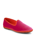 Pink slip-on shoe with orange lining on a white background