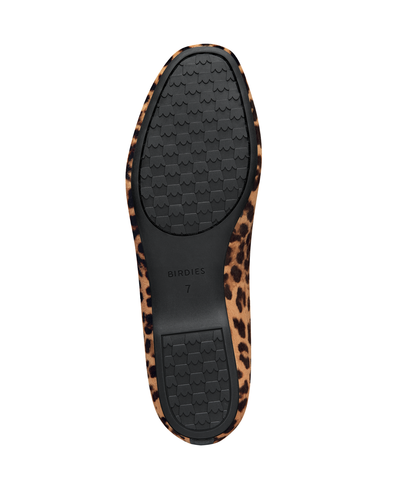 bottom view of the hummingbird ballet flat in Leopard print calf hair
