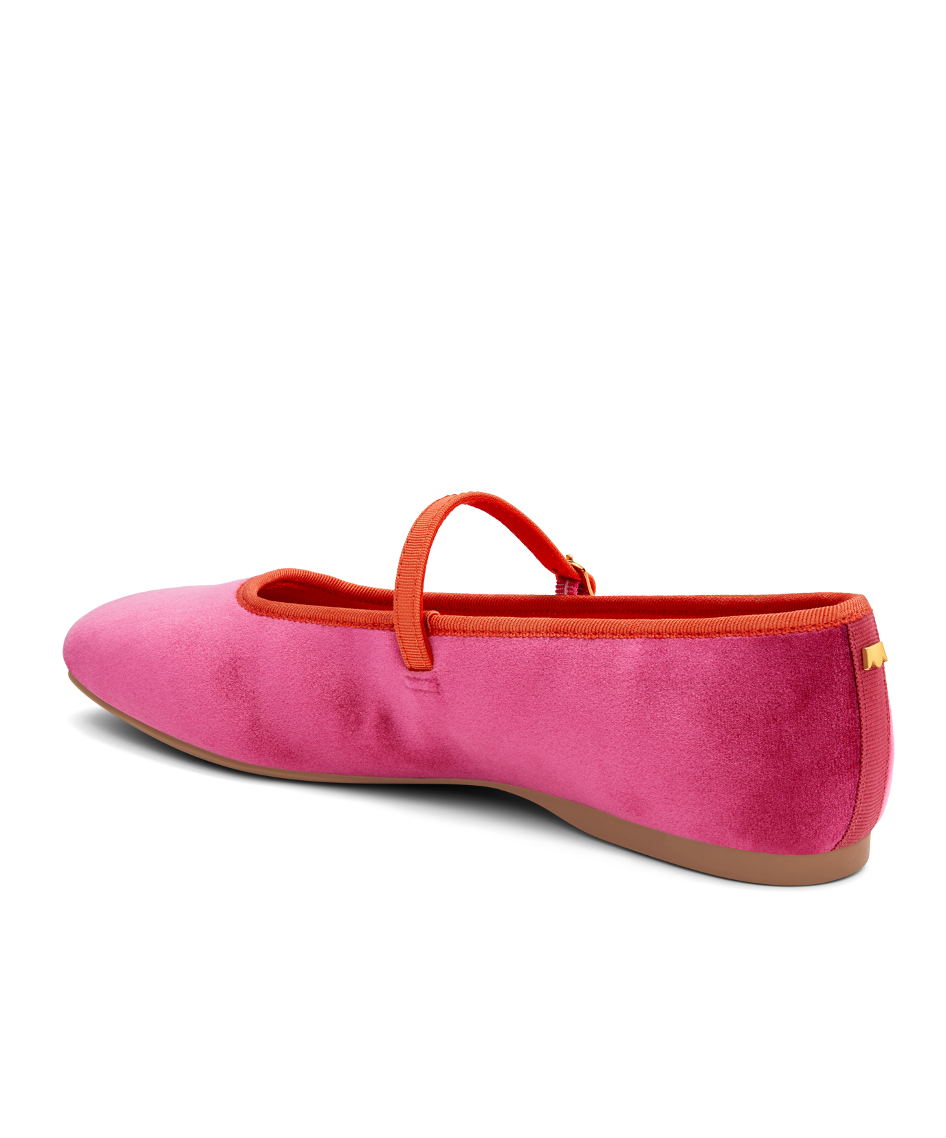 back 3/4ths view of the Hummingbird Maryjane in Hot Pink Velvet with an orange Leather strap