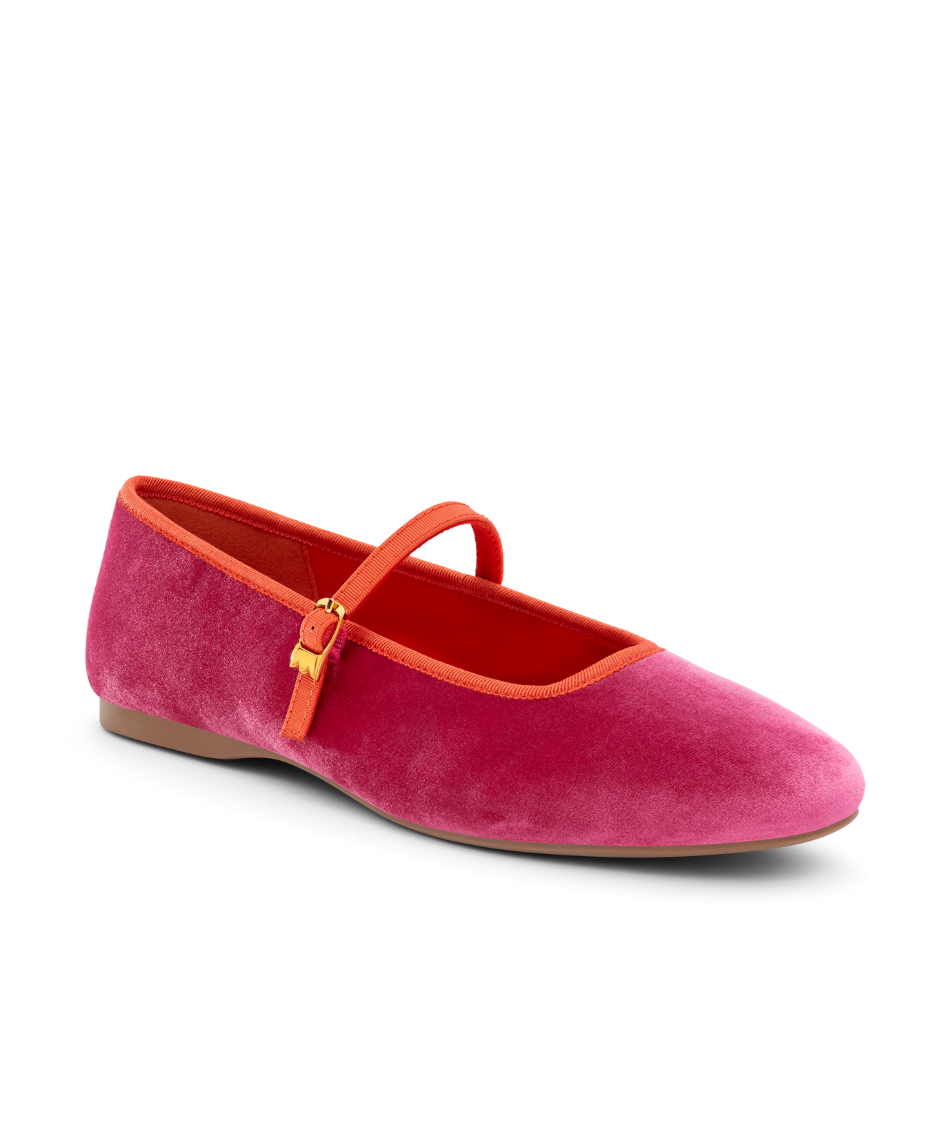 front 3/4ths view of the Hummingbird Maryjane in Hot Pink Velvet with an orange Leather strap