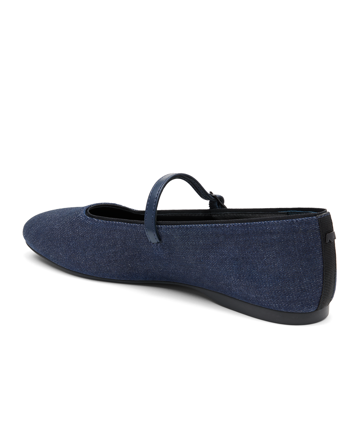 back 3/4ths view of the Hummingbird Mary Jane in Denim (blue) with a Leather strap
