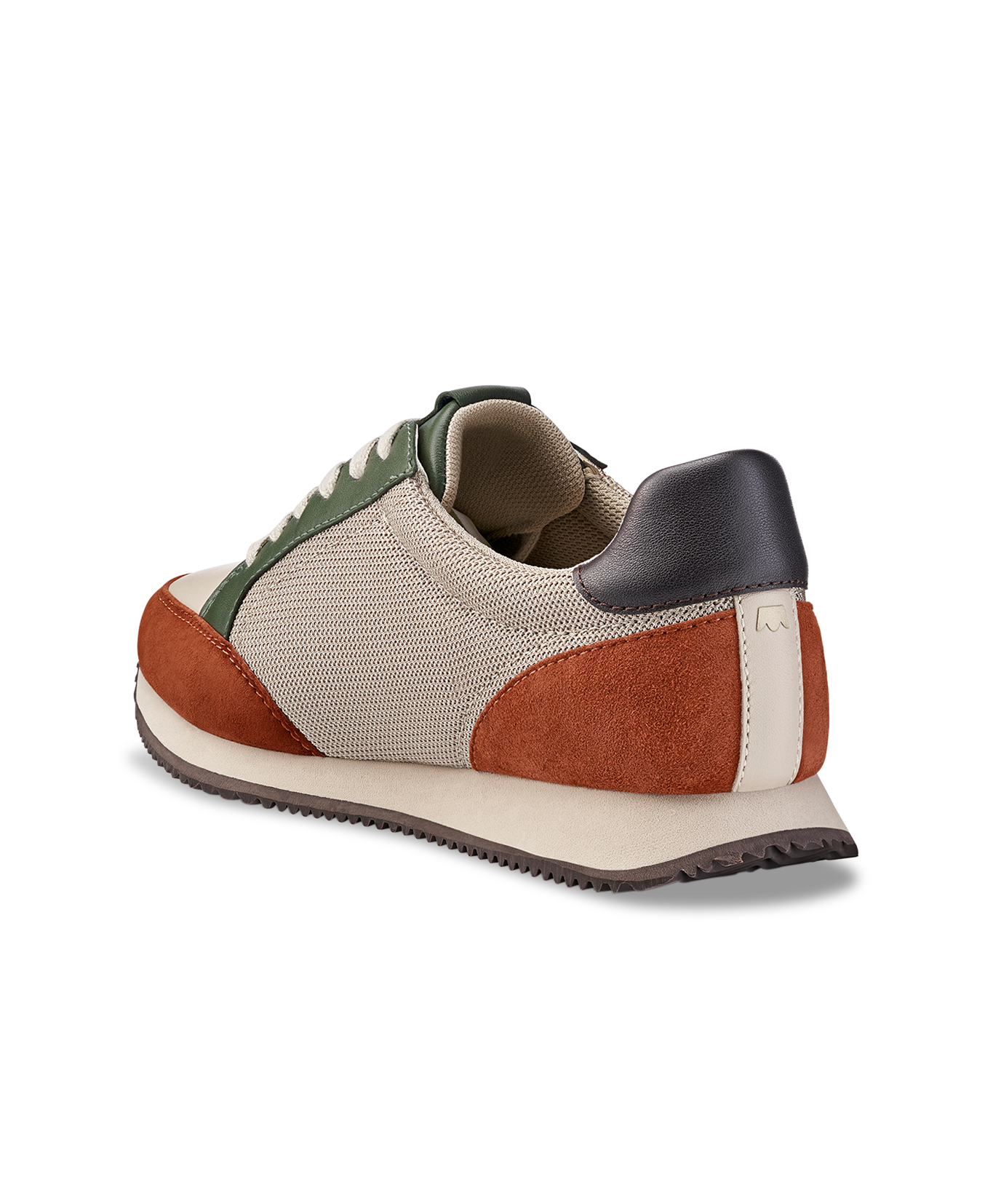 back 3/4ths view of the Roadrunner Sneaker in Ivy Multi (Rust, Grey Dark Green & Light Grey) Mesh