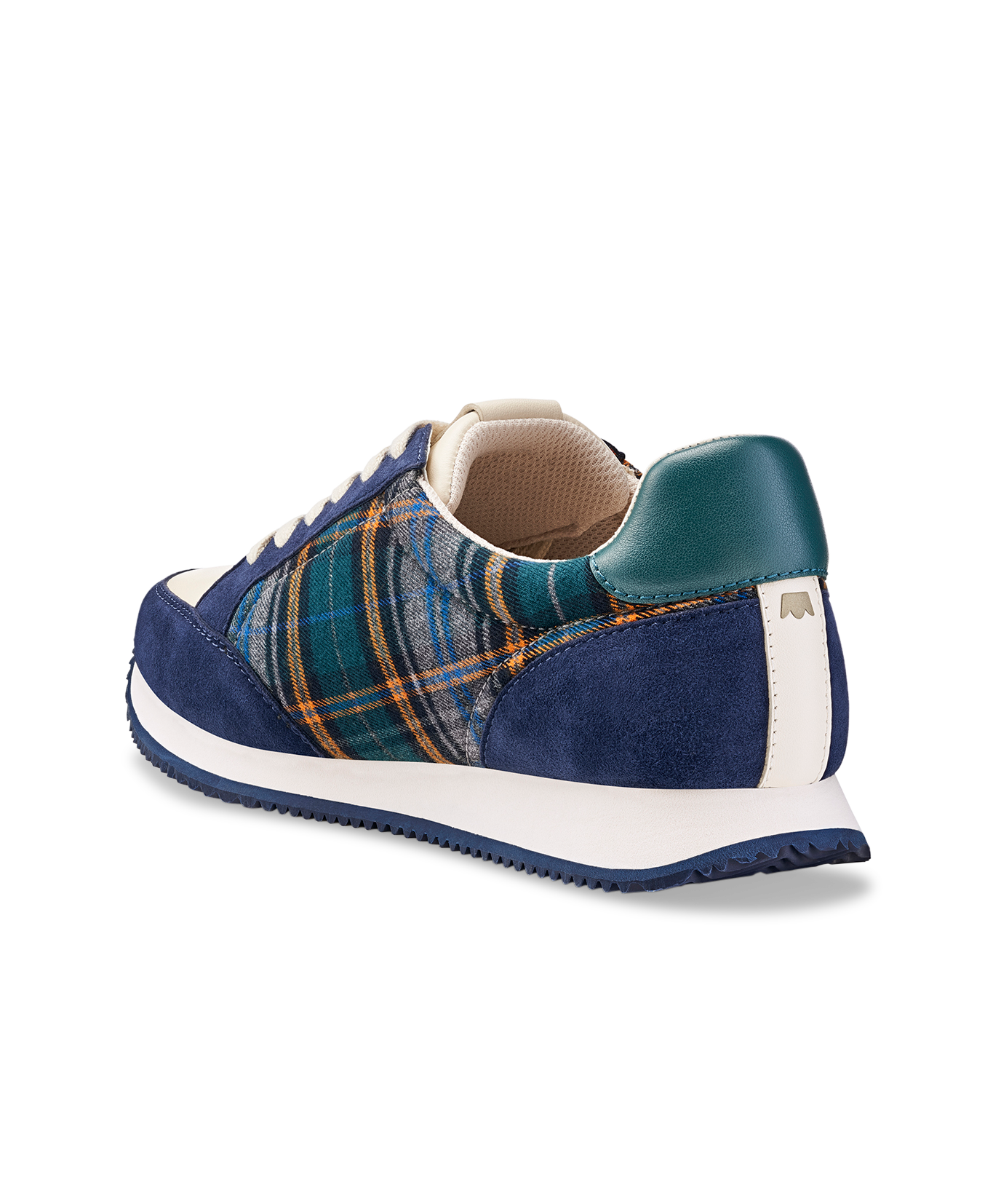 back 3/4ths view of the Roadrunner Sneaker in Navy Plaid Suede