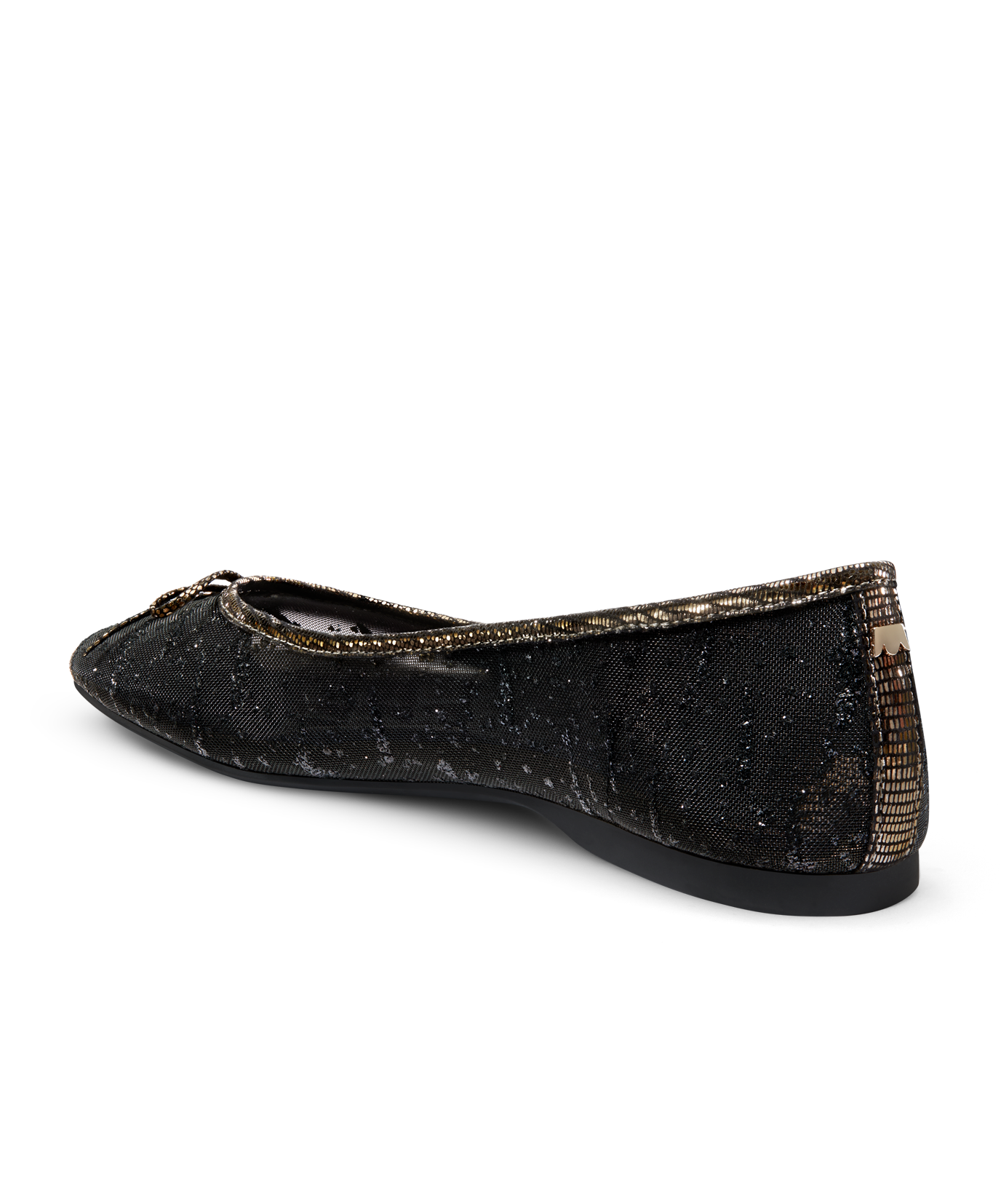 back 3/4ths view of the Songbird Ballet Flat in Black mesh Sparkle