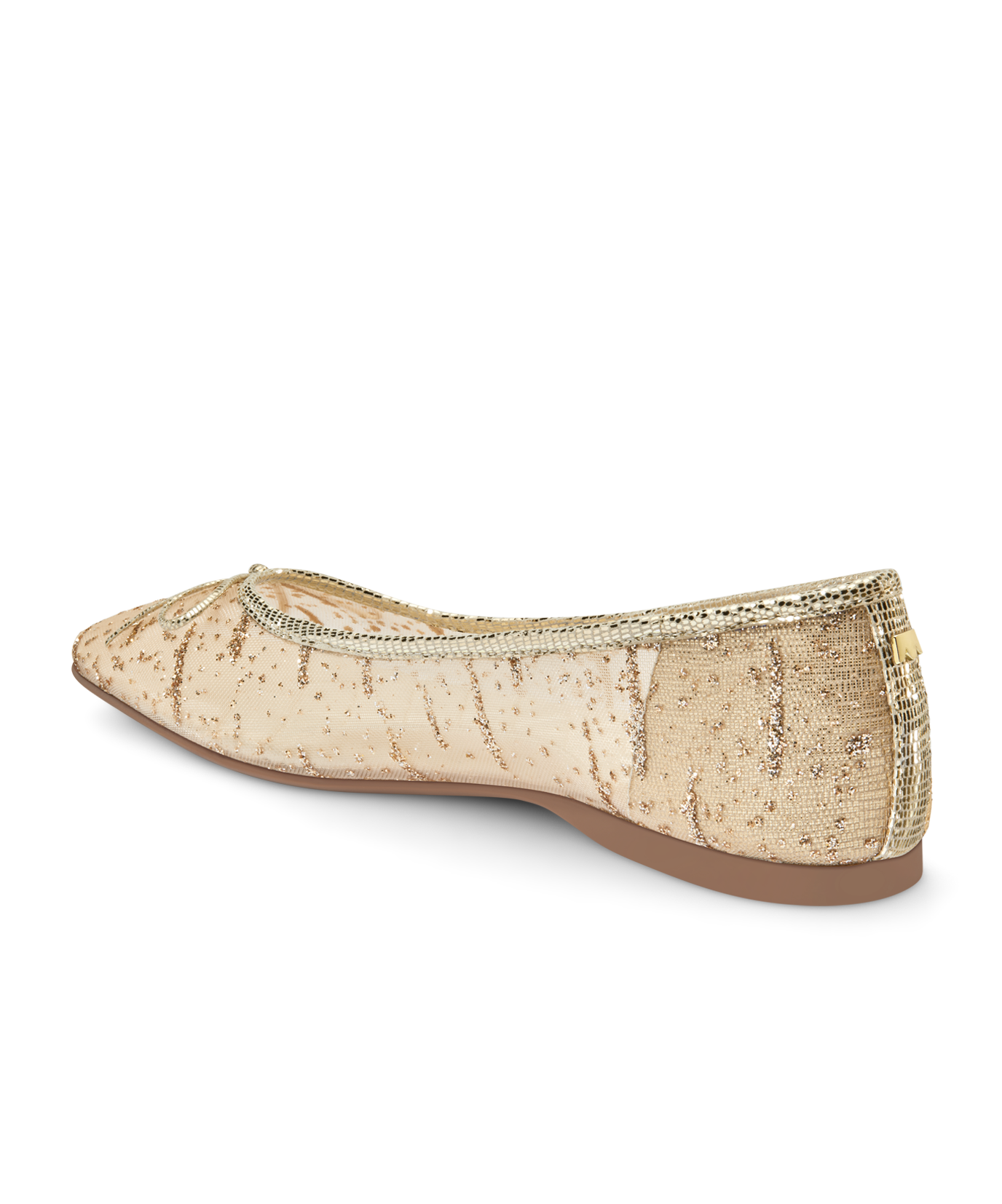 back 3/4ths view of the Songbird Ballet Flat in Gold mesh Sparkle