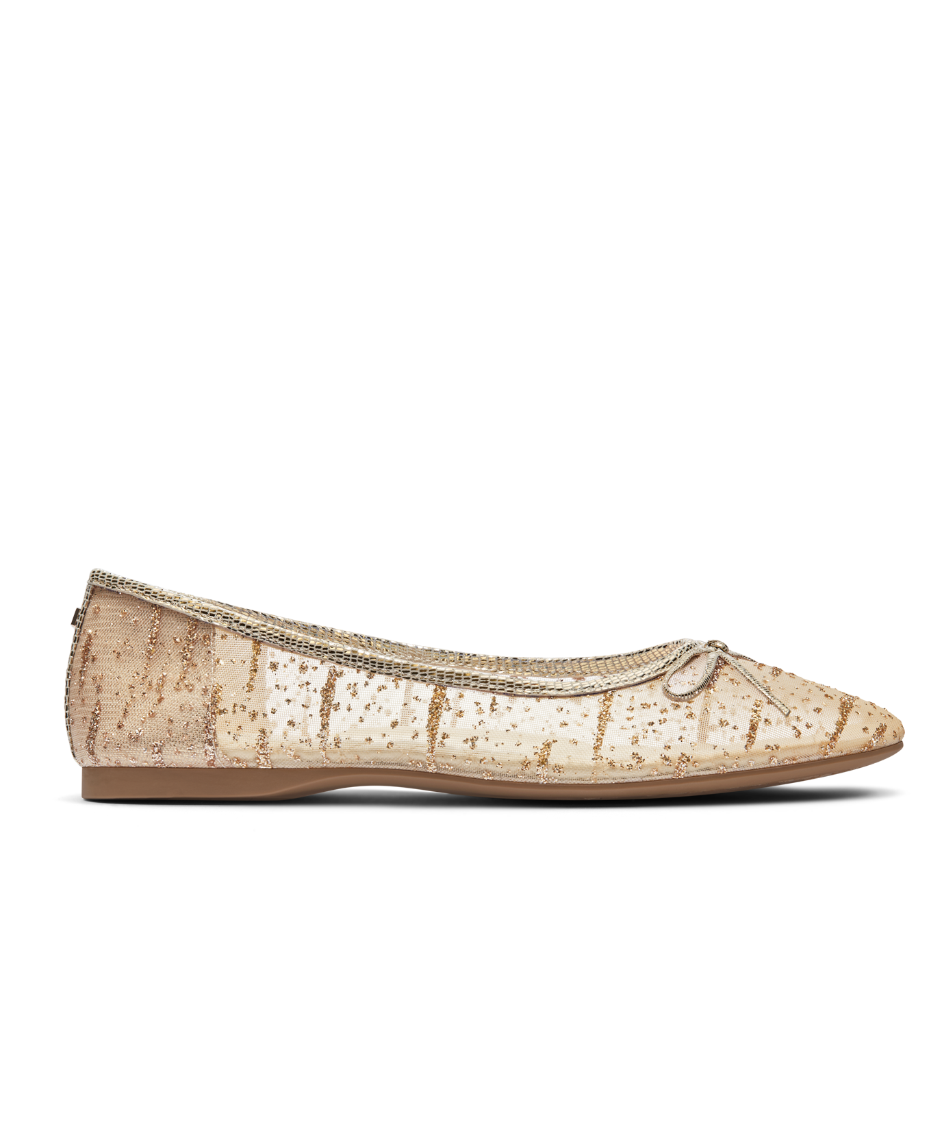 side view of the Songbird Ballet Flat in Gold mesh Sparkle