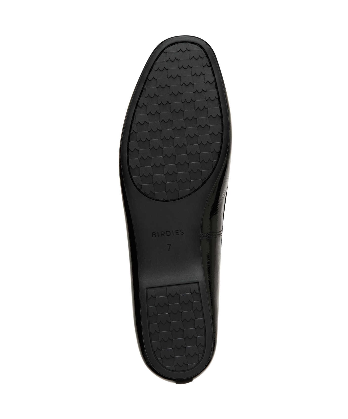 Black patent leather ballet flat with delicate bow detail, featuring a glossy finish. Bottom view.