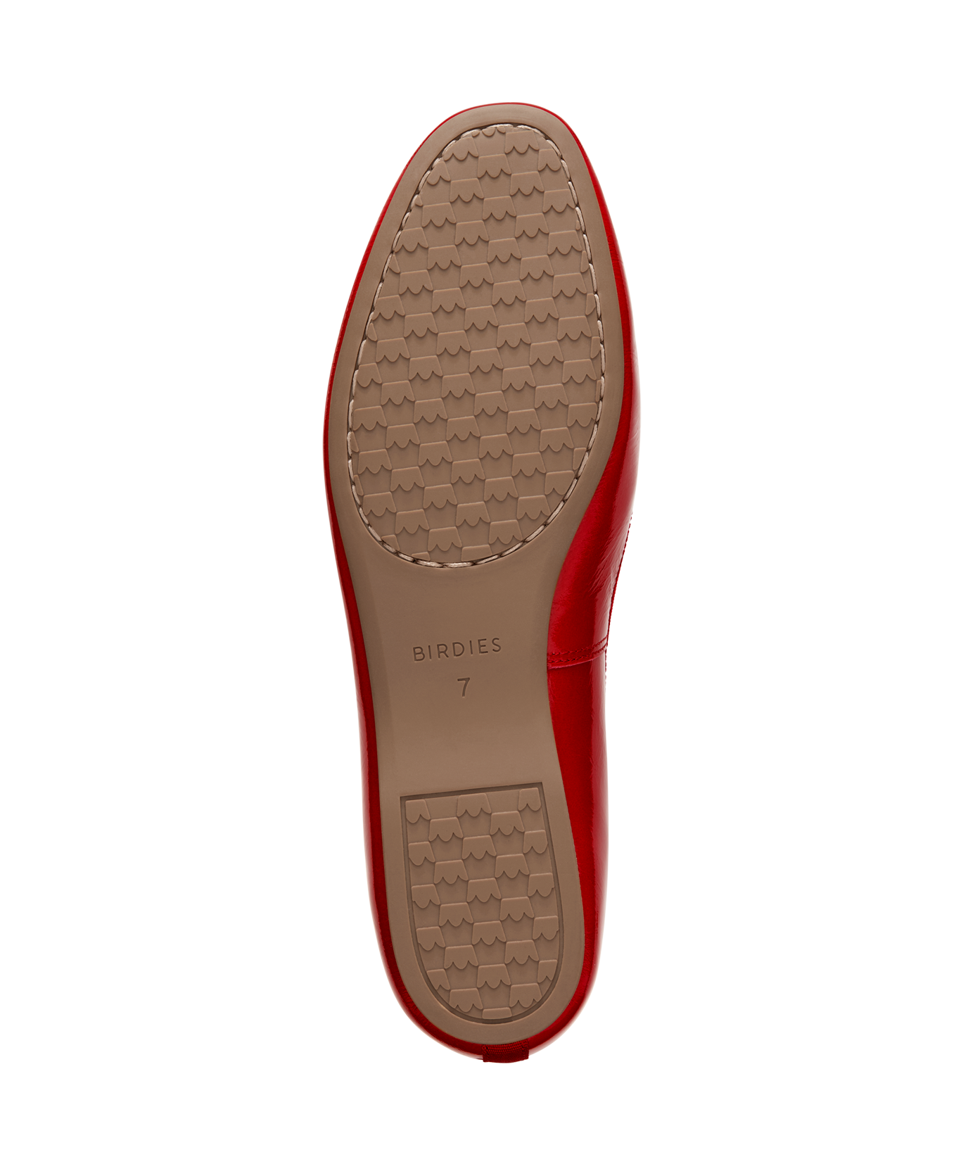 Red patent leather ballet flat with delicate bow detail, featuring a glossy finish. Bottom view