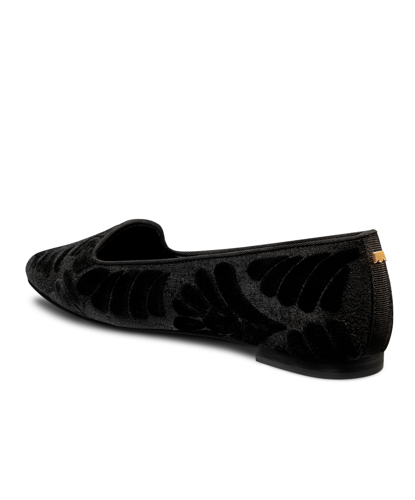 back 3/4ths view of the Sparrow Loafer in Black Velvet Embroidery
