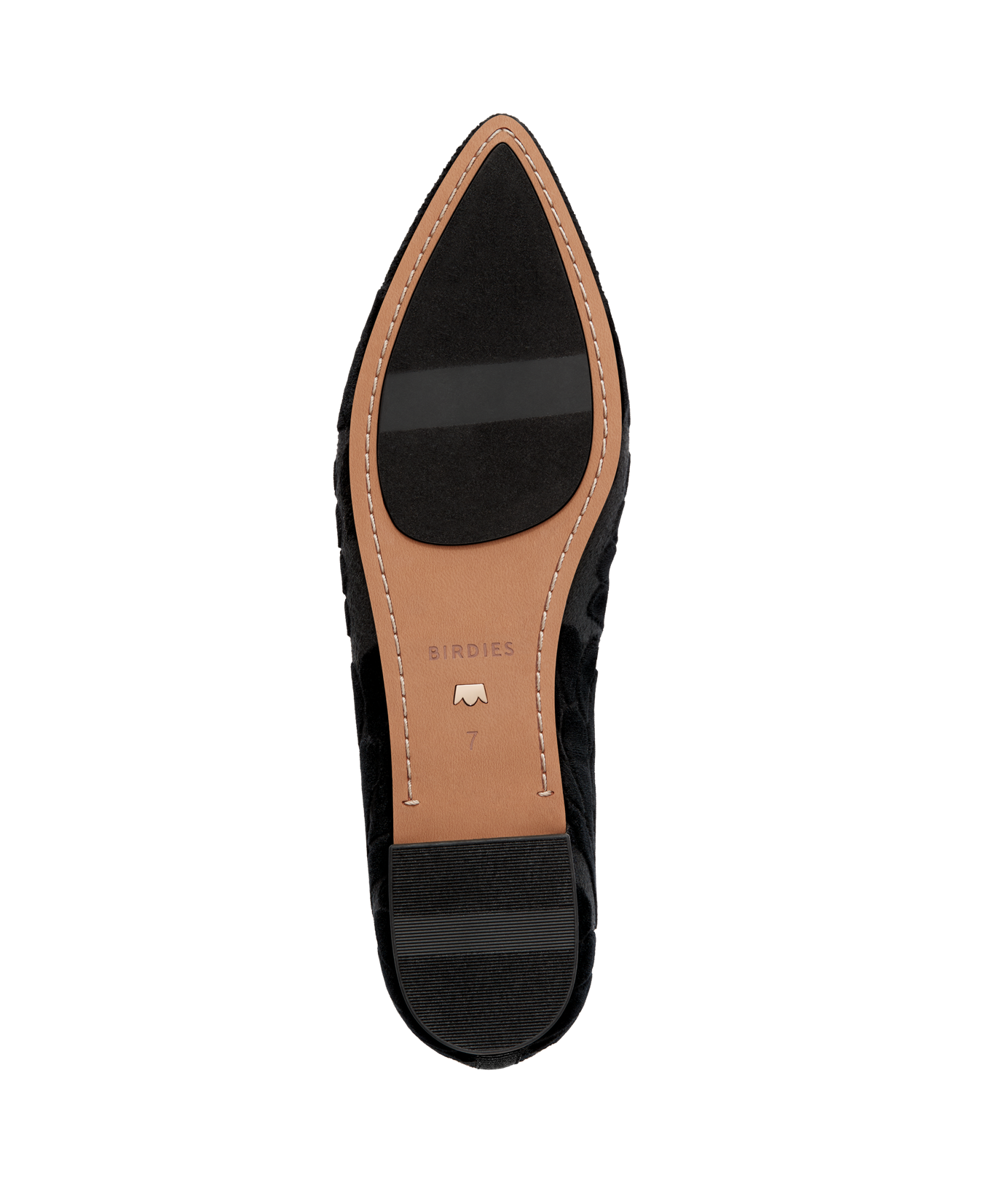 bottom view of the Sparrow Loafer in Black Velvet Embroidery