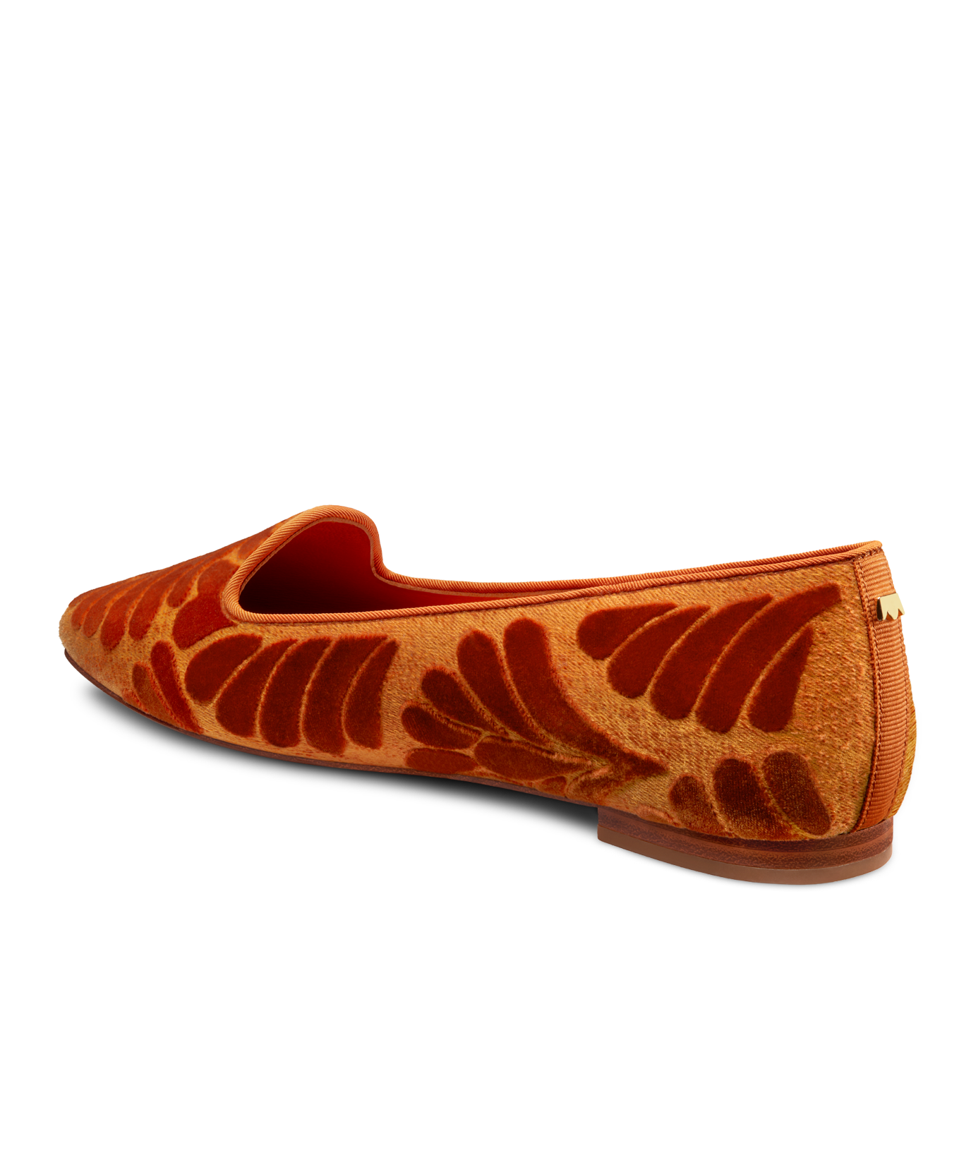 back 3/4ths view of the Sparrow Loafer in Marigold (orange) Velvet Embroidery