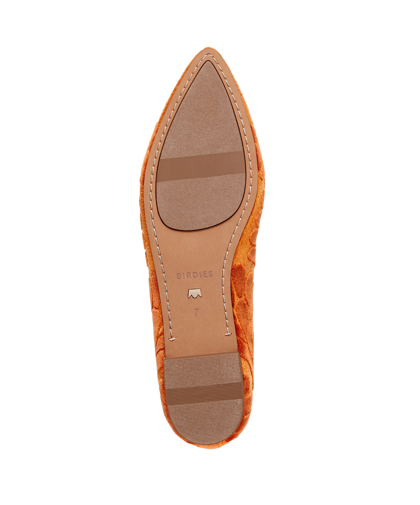 bottom view of the Sparrow Loafer in Marigold (orange) Velvet Embroidery