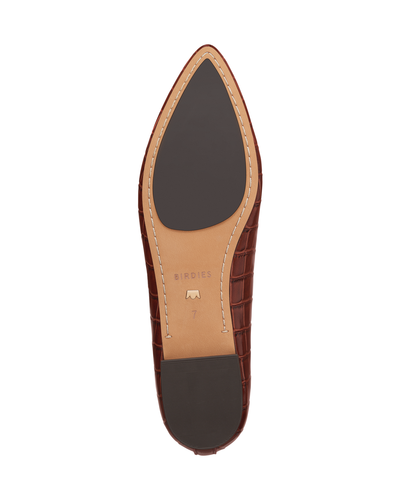 bottom view of the sparrow leather loafer in croc print brown