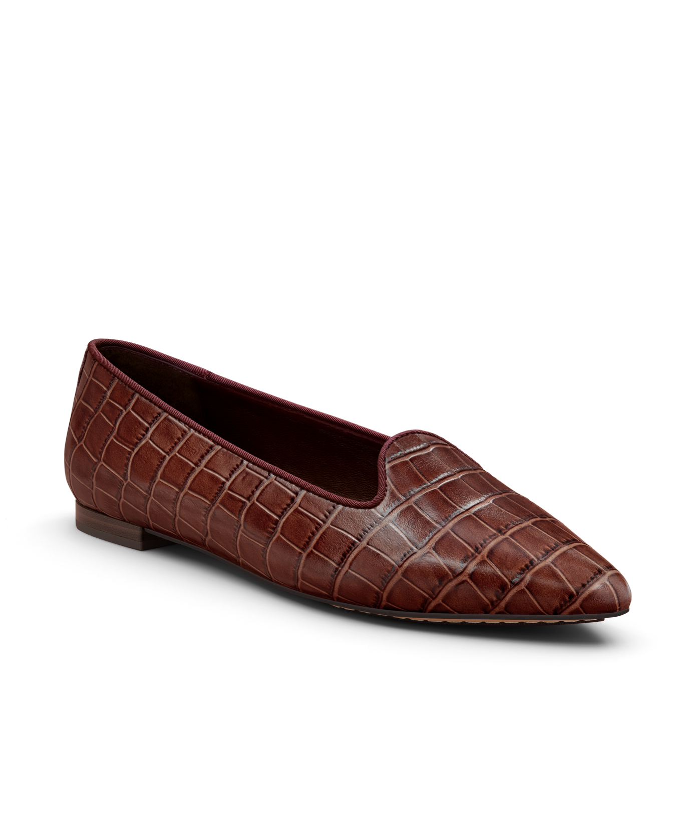 front 3/4ths view of the sparrow leather loafer in croc print brown