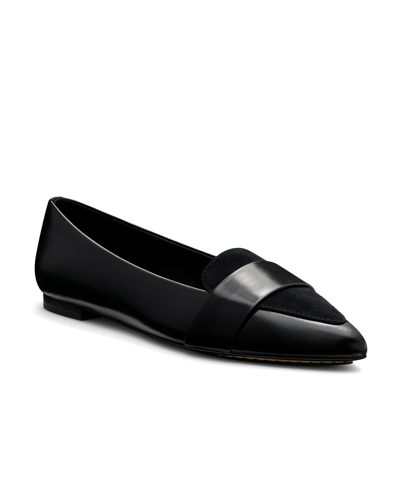 front 3/4ths view of the sparrow leather loafer in licorice (black)