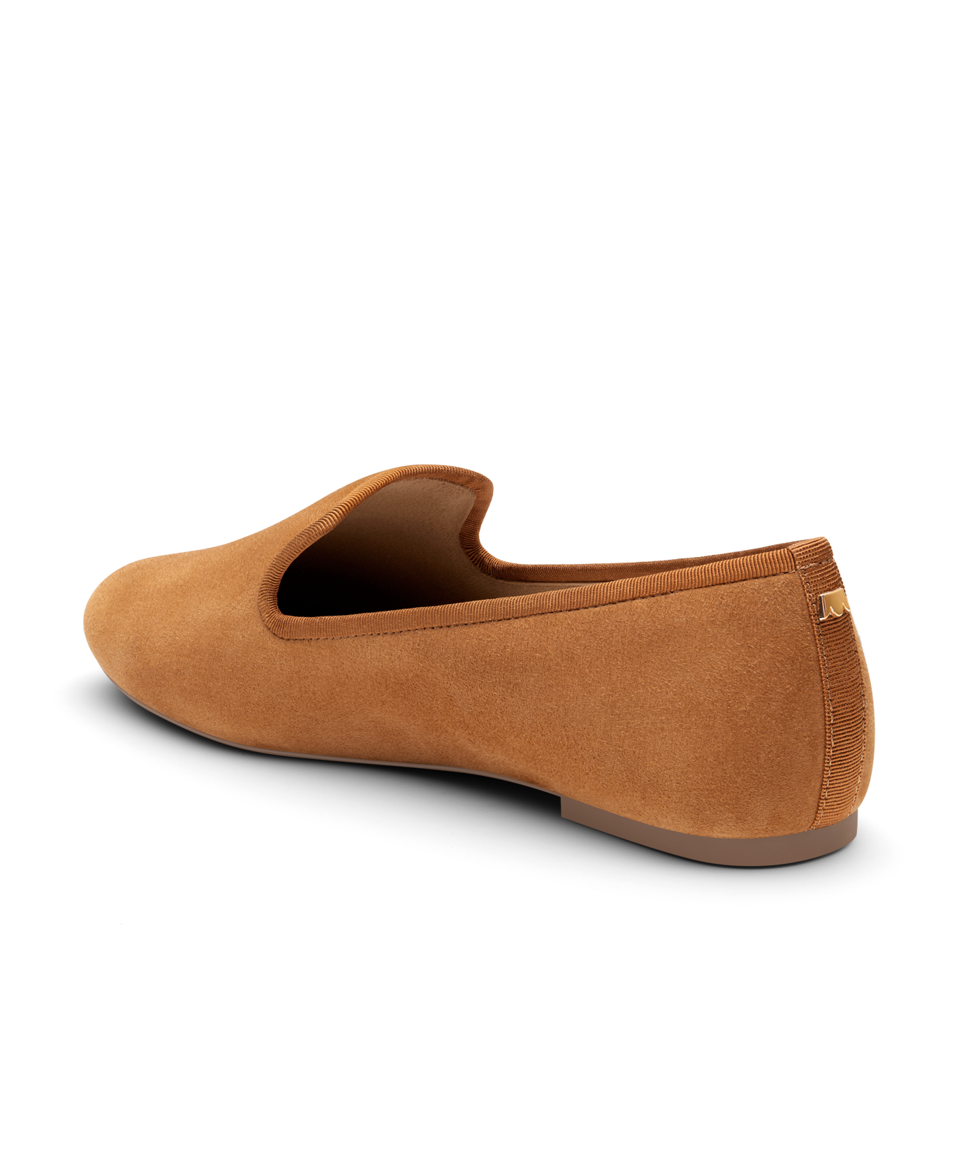 Tan suede classic loafer shoe with rounded toe, designed for comfort and style. Perfect for everyday wear. Back angled view.