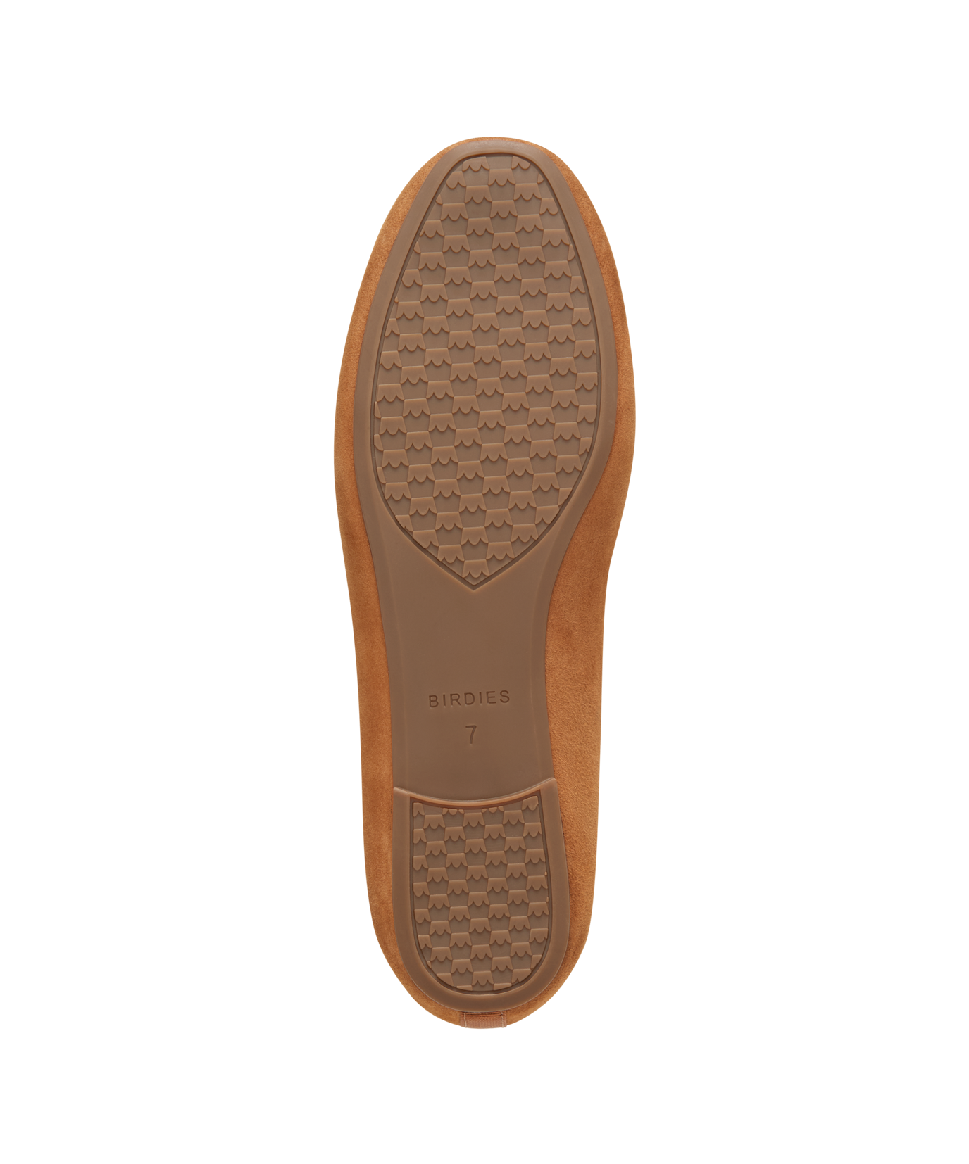 Tan suede classic loafer shoe with rounded toe, designed for comfort and style. Perfect for everyday wear. Bottom view