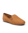 Tan suede classic loafer shoe with rounded toe, designed for comfort and style. Perfect for everyday wear. Front Angled view.