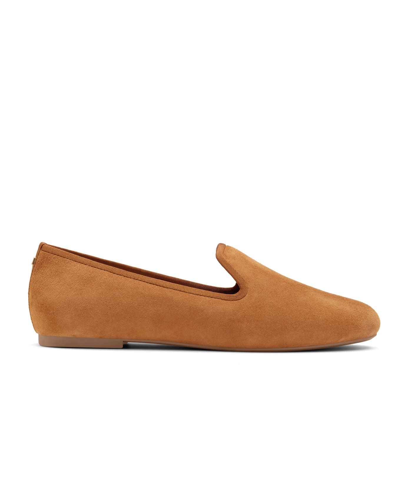 Tan suede classic loafer shoe with rounded toe, designed for comfort and style. Perfect for everyday wear. side view