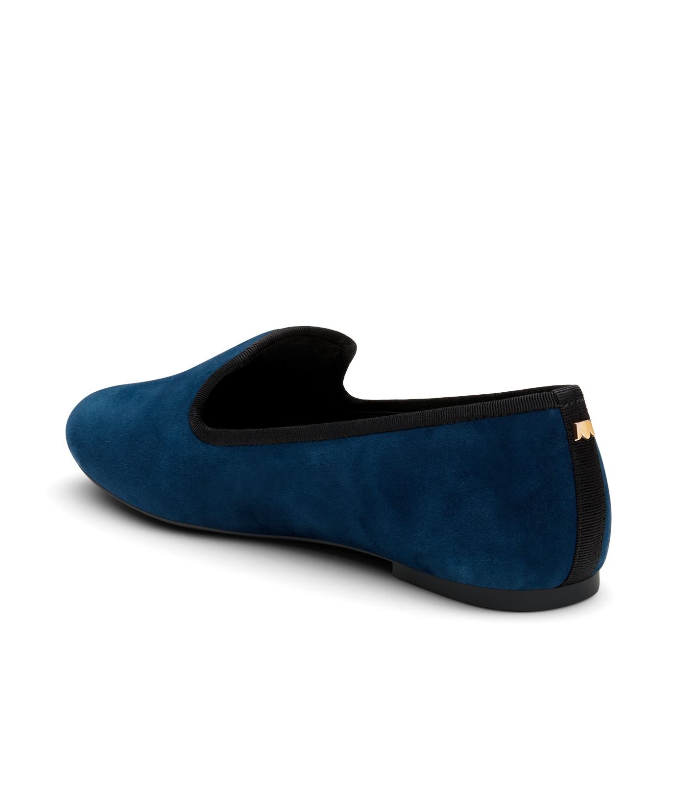Navy suede classic loafer shoe with rounded toe, designed for comfort and style. Perfect for everyday wear. Back angled view.