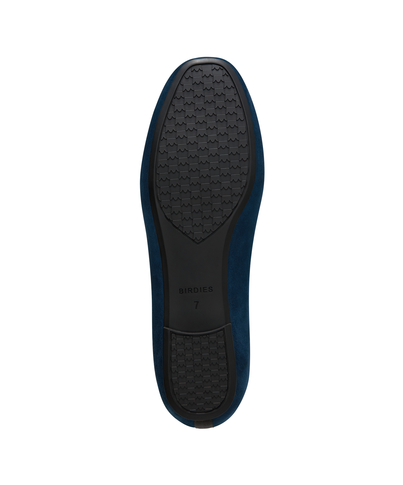 Navy suede classic loafer shoe with rounded toe, designed for comfort and style. Perfect for everyday wear. Bottom view.
