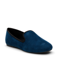 Navy suede classic loafer shoe with rounded toe, designed for comfort and style. Perfect for everyday wear. Front angled view.