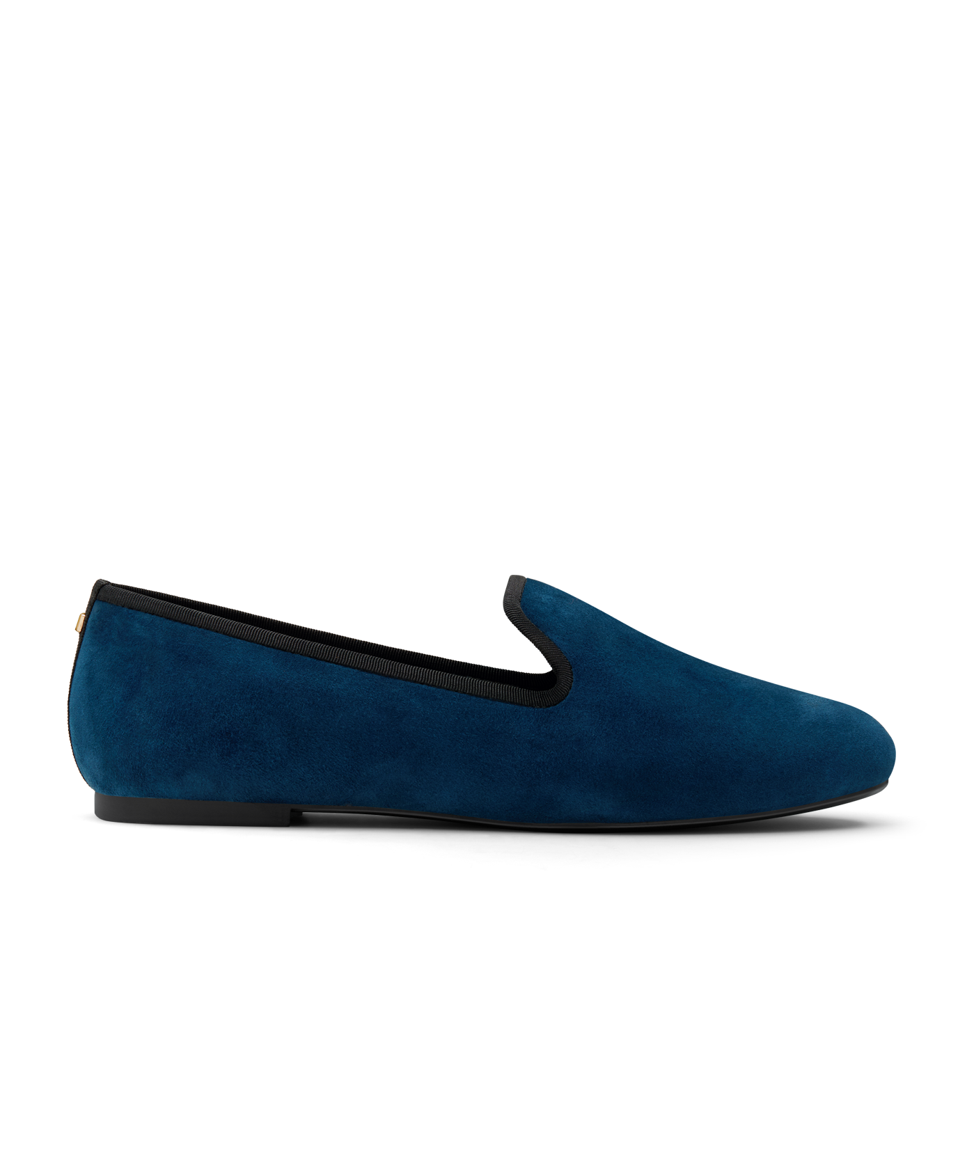 Navy suede classic loafer shoe with rounded toe, designed for comfort and style. Perfect for everyday wear. Side view