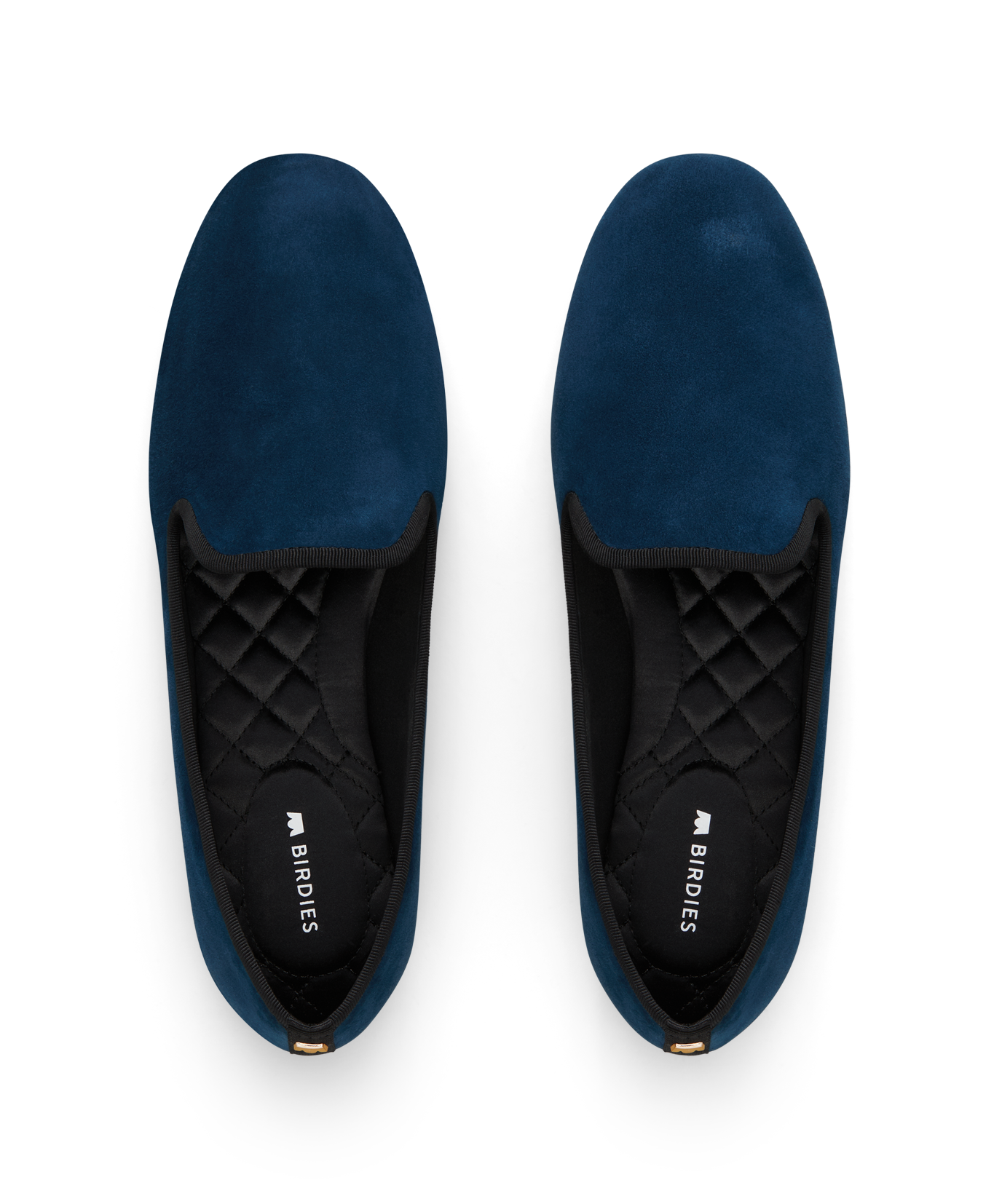 hover | Navy suede classic loafer shoe with rounded toe, designed for comfort and style. Perfect for everyday wear. Top view.