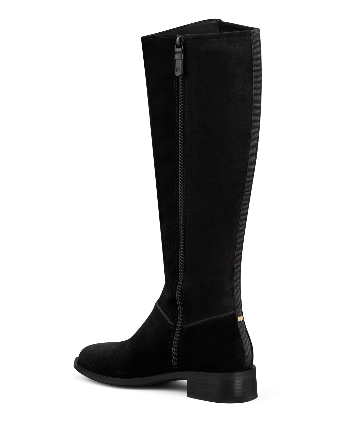 back 3/4ths view of the starling tall boot in black suede