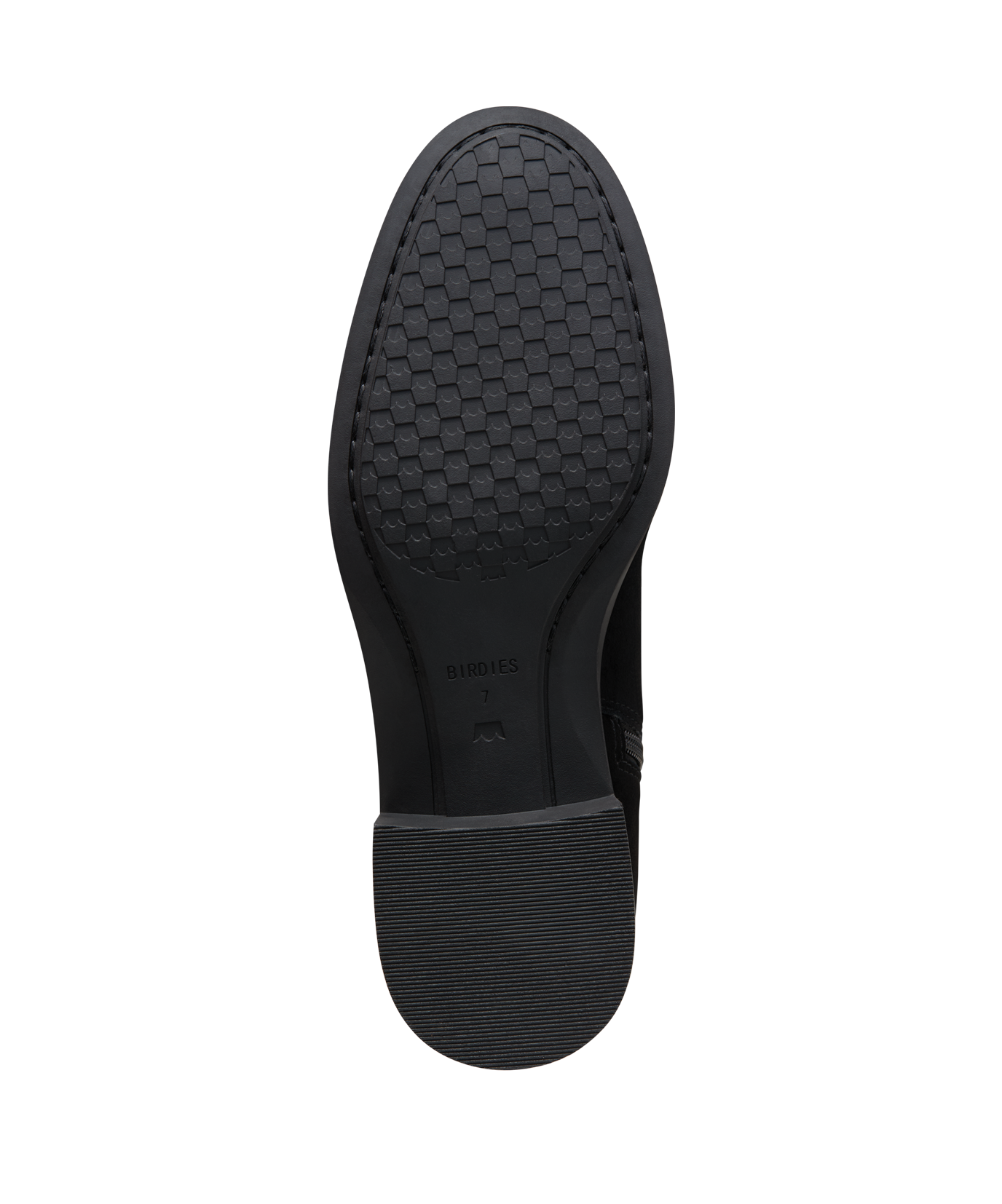 bottom view of the starling tall boot in black suede