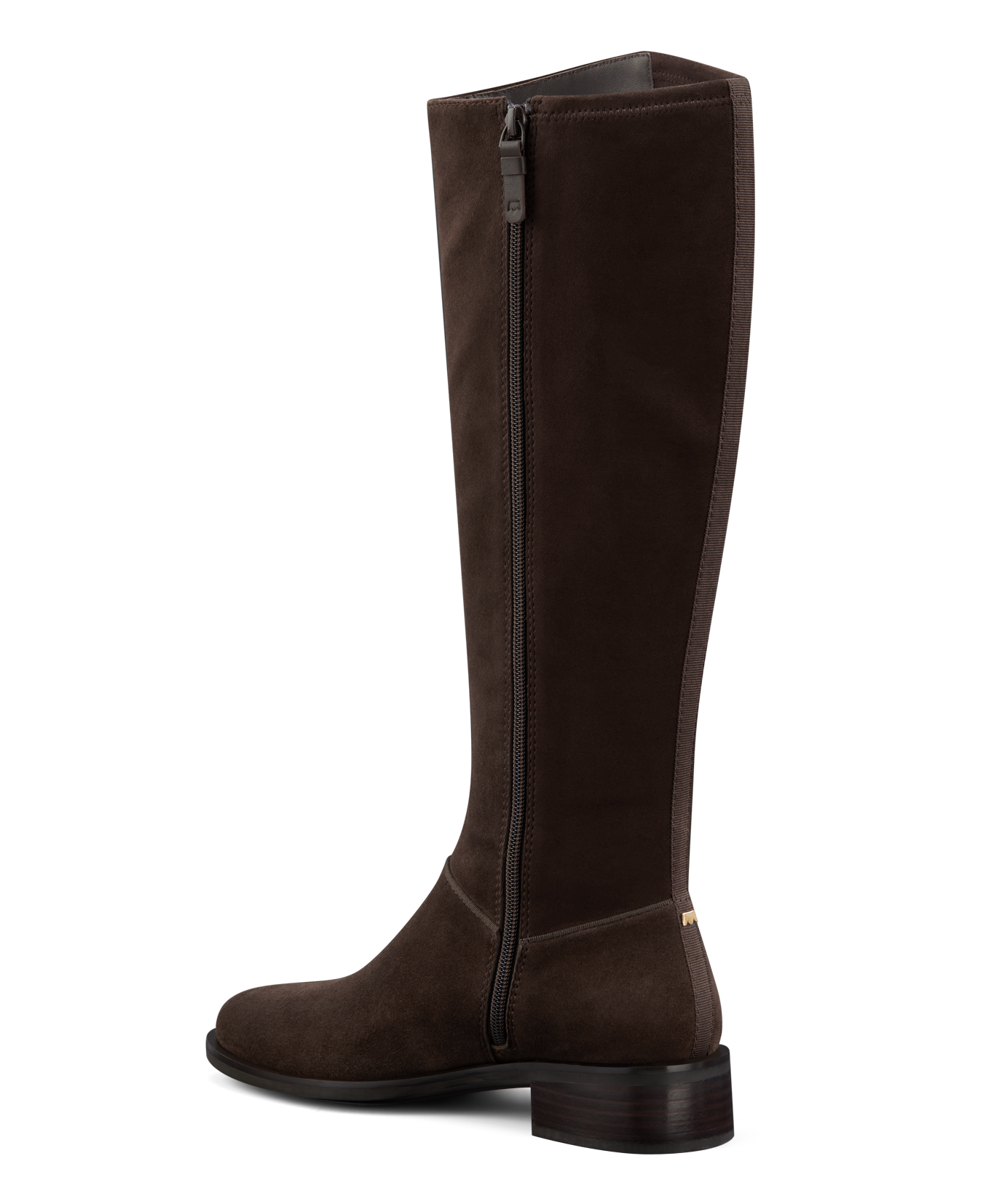 back 3/4ths view of the starling tall boot in brown suede