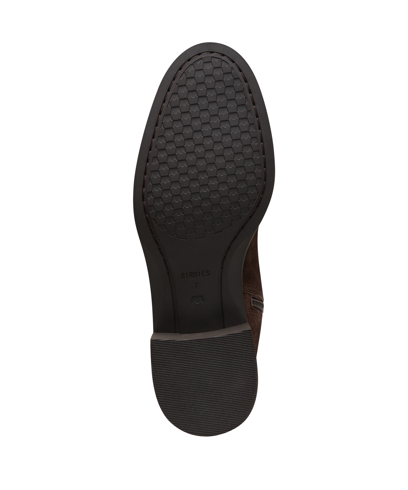 bottom view of the starling tall boot in brown suede