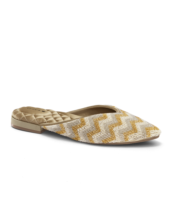 The Swan Cream & Gold Beaded Pointed Toe Women's Slide Birdies
