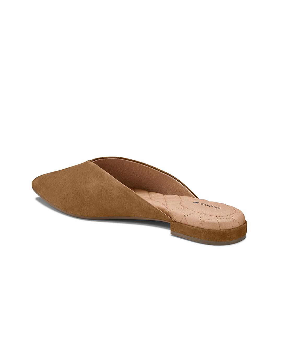 back 3/4ths view of the Swan mule in Golden Oak (tan) Suede