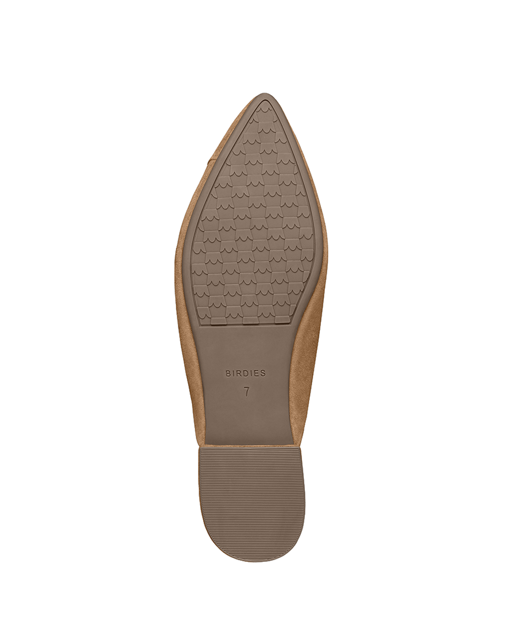 bottom view of the Swan mule in Golden Oak (tan) Suede