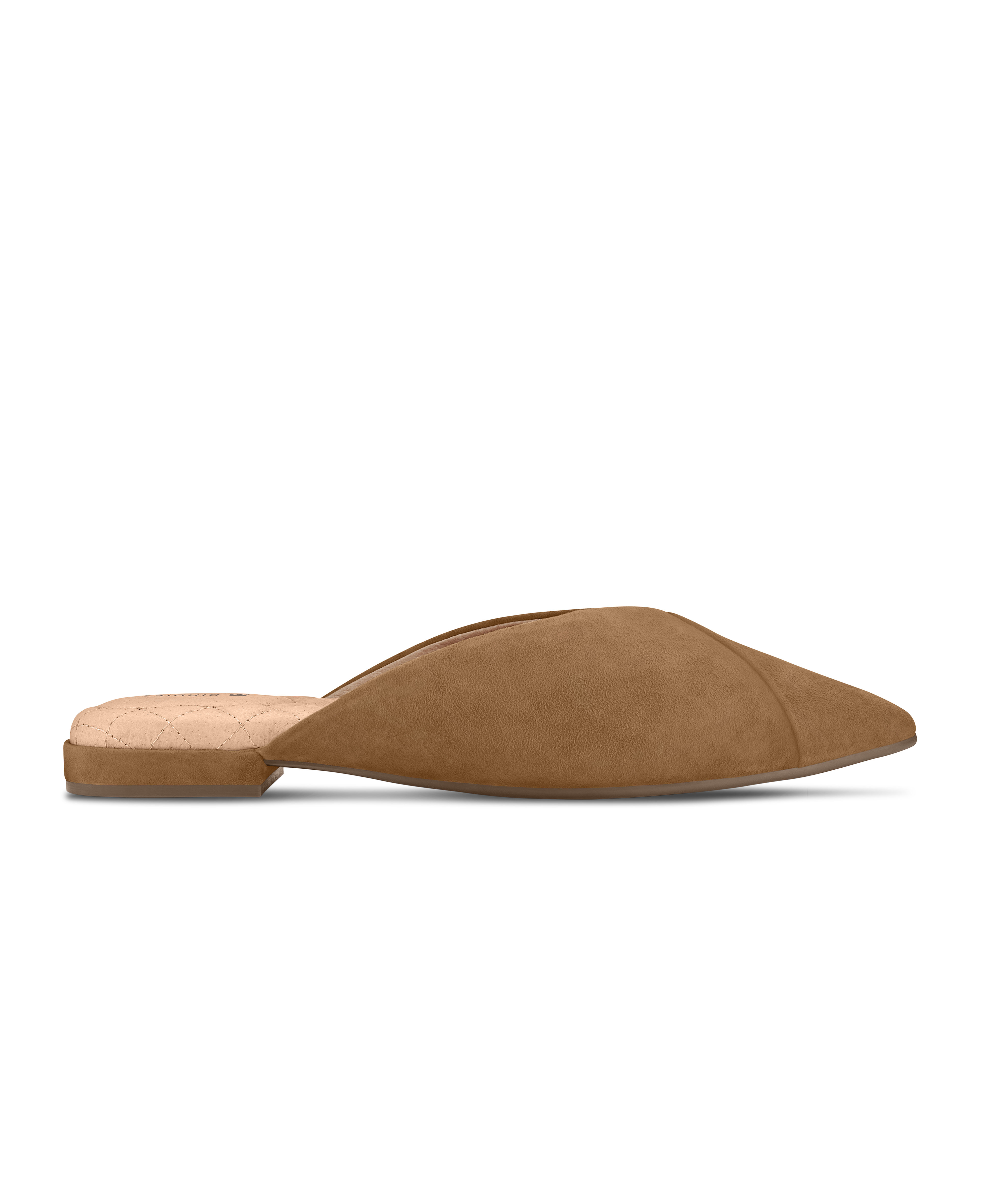side view of the Swan mule in Golden Oak (tan) Suede