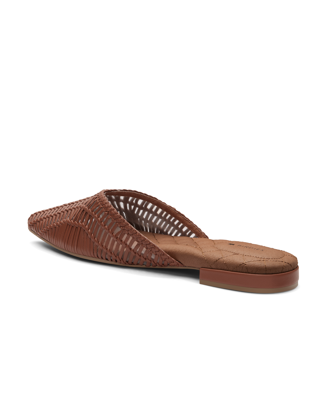 back 3/4ths view of the Swan mule in cognac (brown) woven