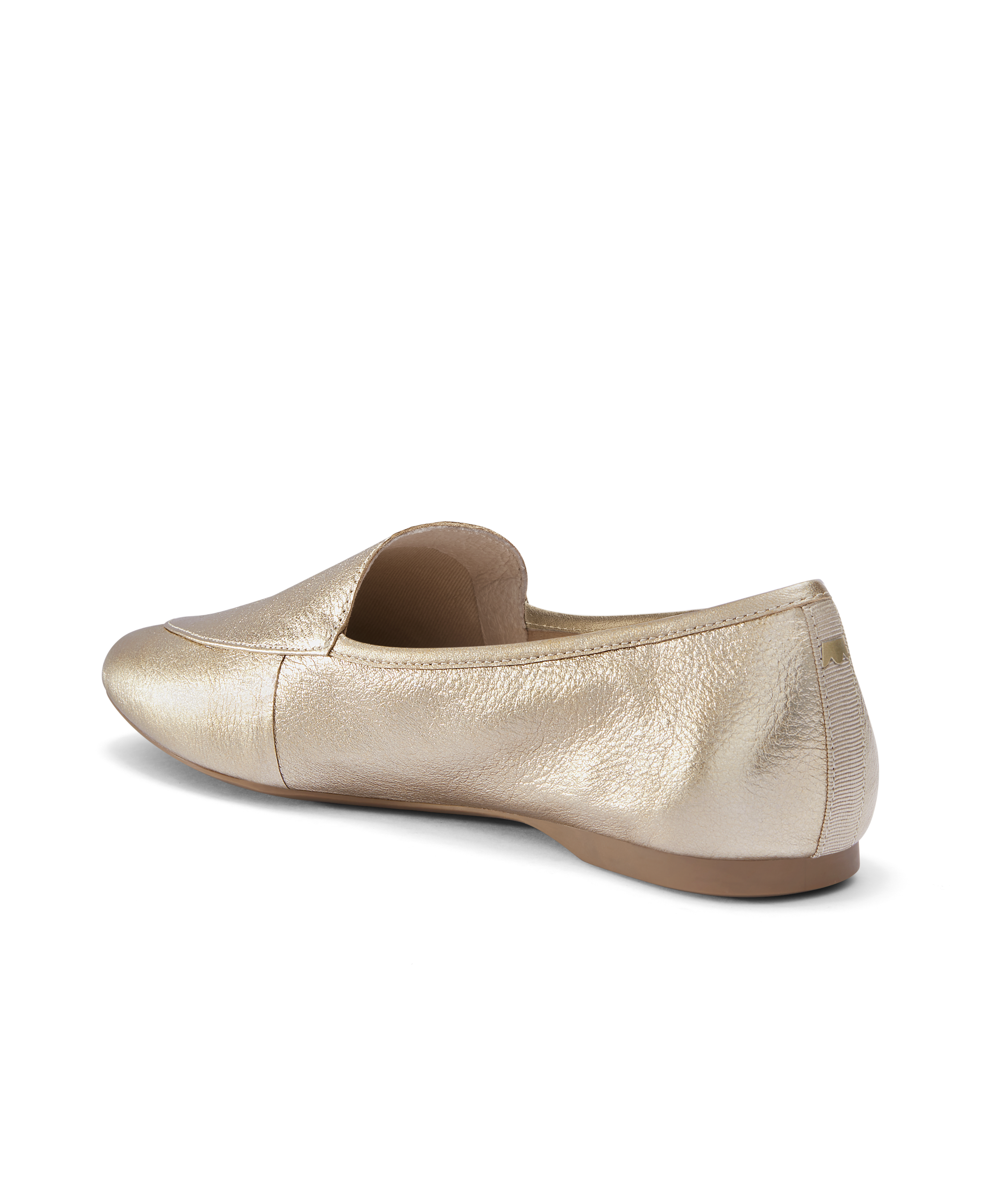 back 3/4ths view of the Vesper loafer in Gold Leather
