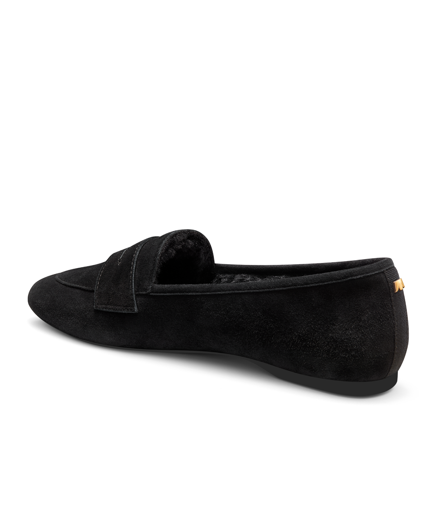 back 3/4ths view of the vesper in black faux fur