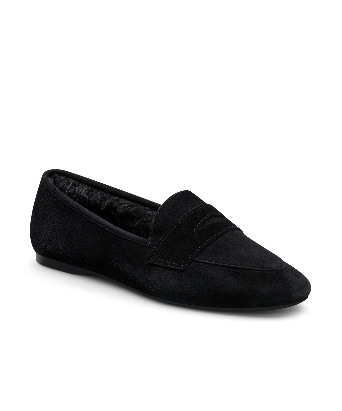 front 3/4ths view of the vesper in black faux fur