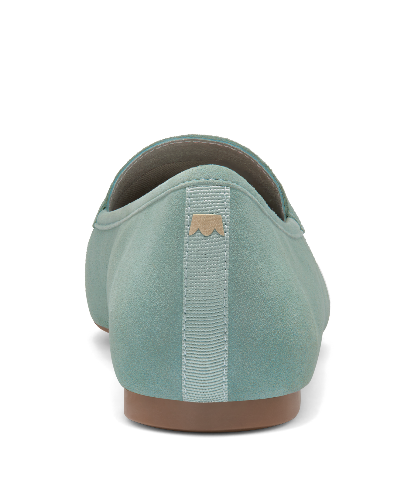 back view of the Vesper loafer in marina (light teal) suede